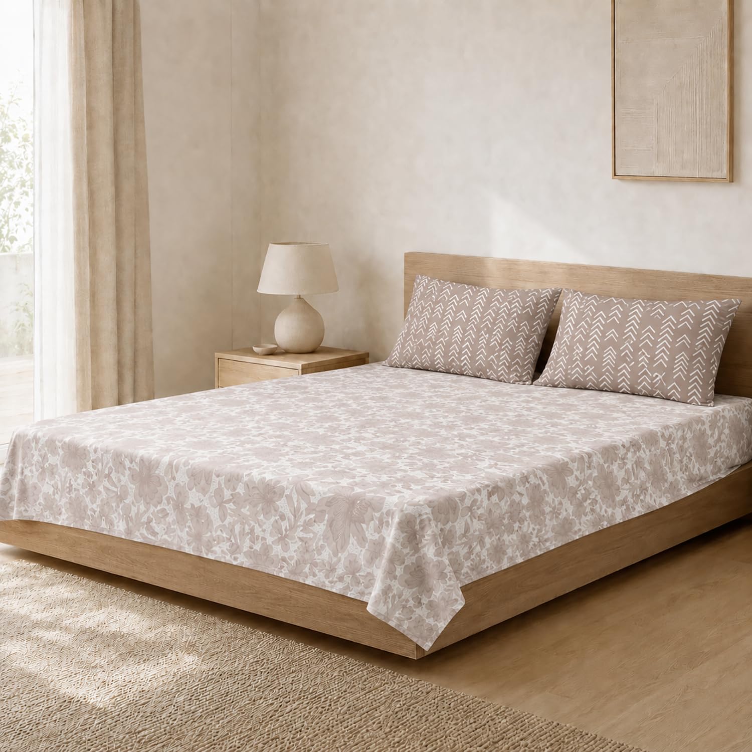 Double Bedsheet with 2 Pillow Covers Premium 240 TC 100% Cotton Feel King Size ( Taupe 108x108 inch )
