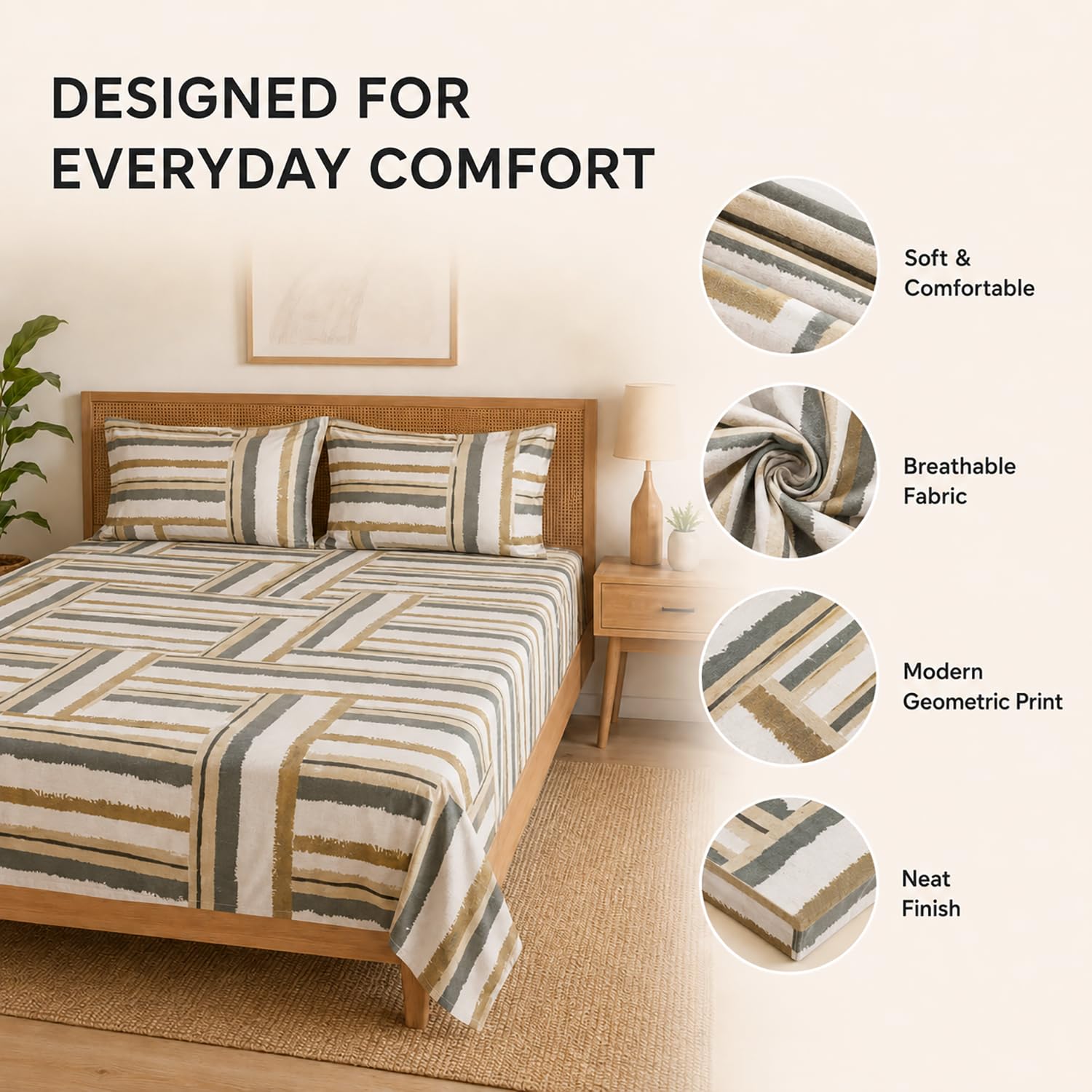 Double Bedsheet With 2 Pillow Covers Mandala Pattern 200 TC 100% Cotton Feel ( Queen Size 90x90 Inch White Set Of 3 )