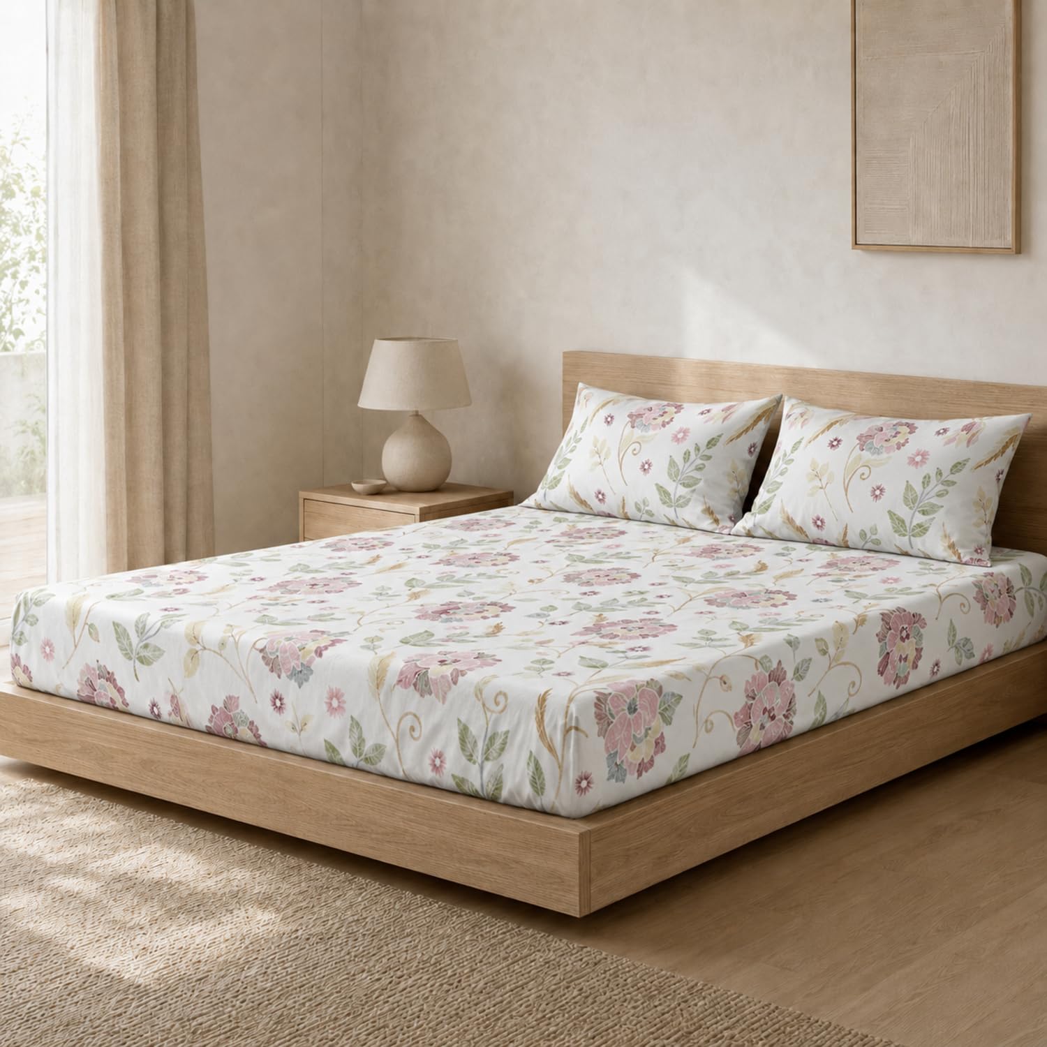 Double Bedsheet with 2 Pillow Covers 220 TC 100% Cotton Feel ( King Size Blush 90x100inch )