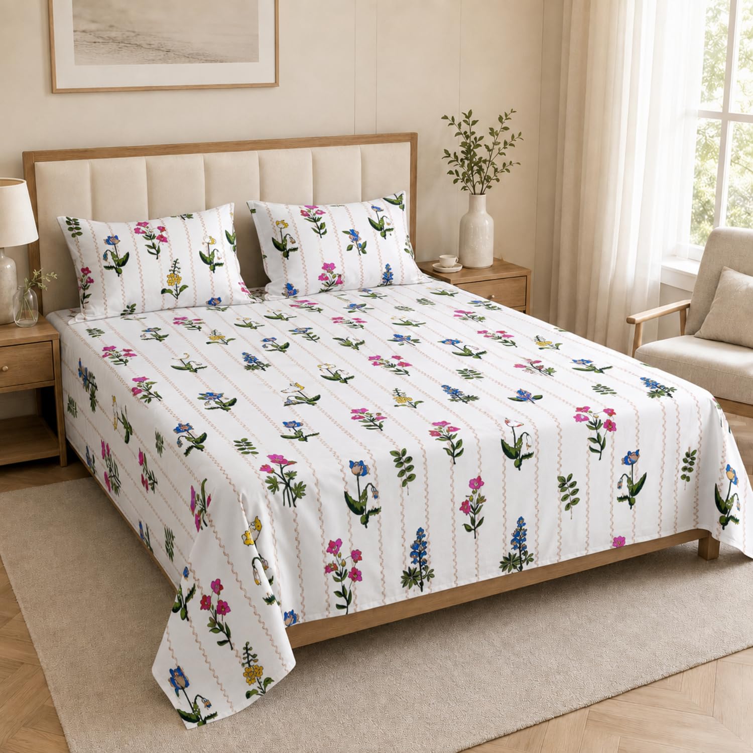 Double Bedsheet with 2 Pillow Covers 220 TC 100% Cotton Feel ( King Size Multi&White 90x100inch )