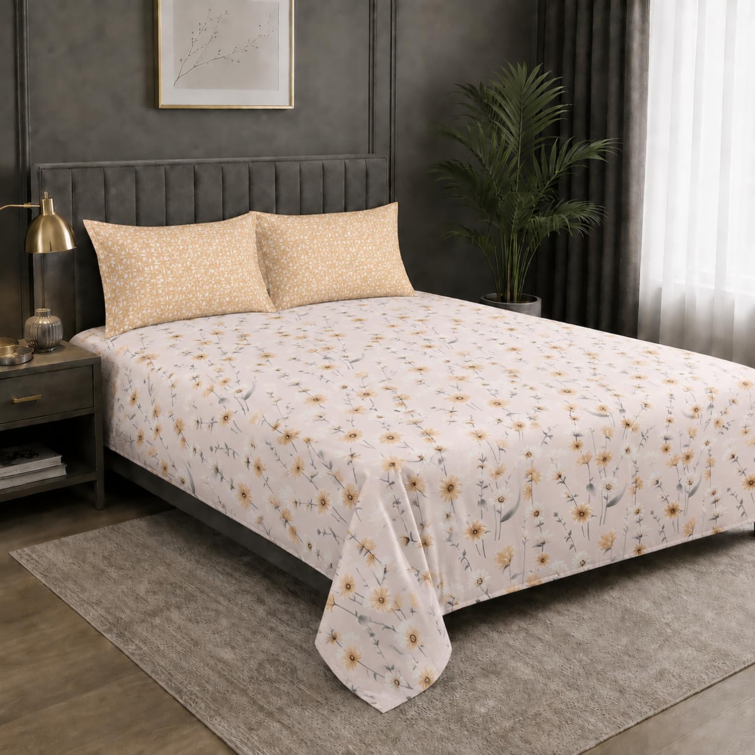 Double Bedsheet with 2 Pillow Covers 220 TC 100% Cotton Feel (King Size Pink 90x100 inch )