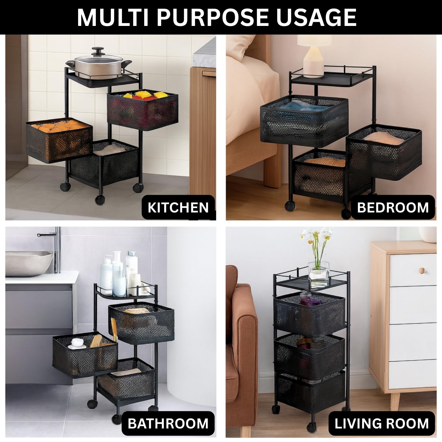 3-Tier Revolving Kitchen Trolley with Wheels (Black 29x29x65)