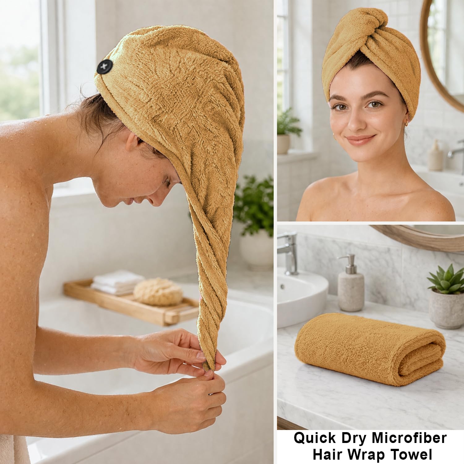 Microfibre Hair Towel Wrap for Women and Men ( 23x63.5 cm, Beige)