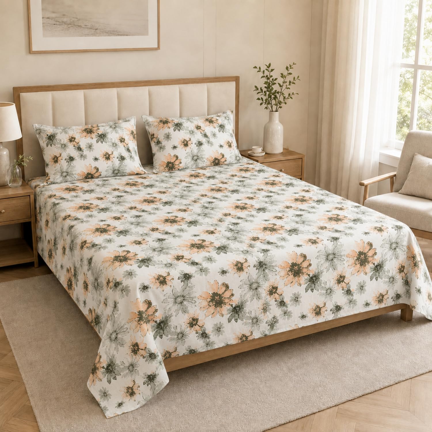 Double Bedsheet with 2 Pillow Covers 220 TC 100% Cotton Feel ( King Size Peach 90x100 inch )