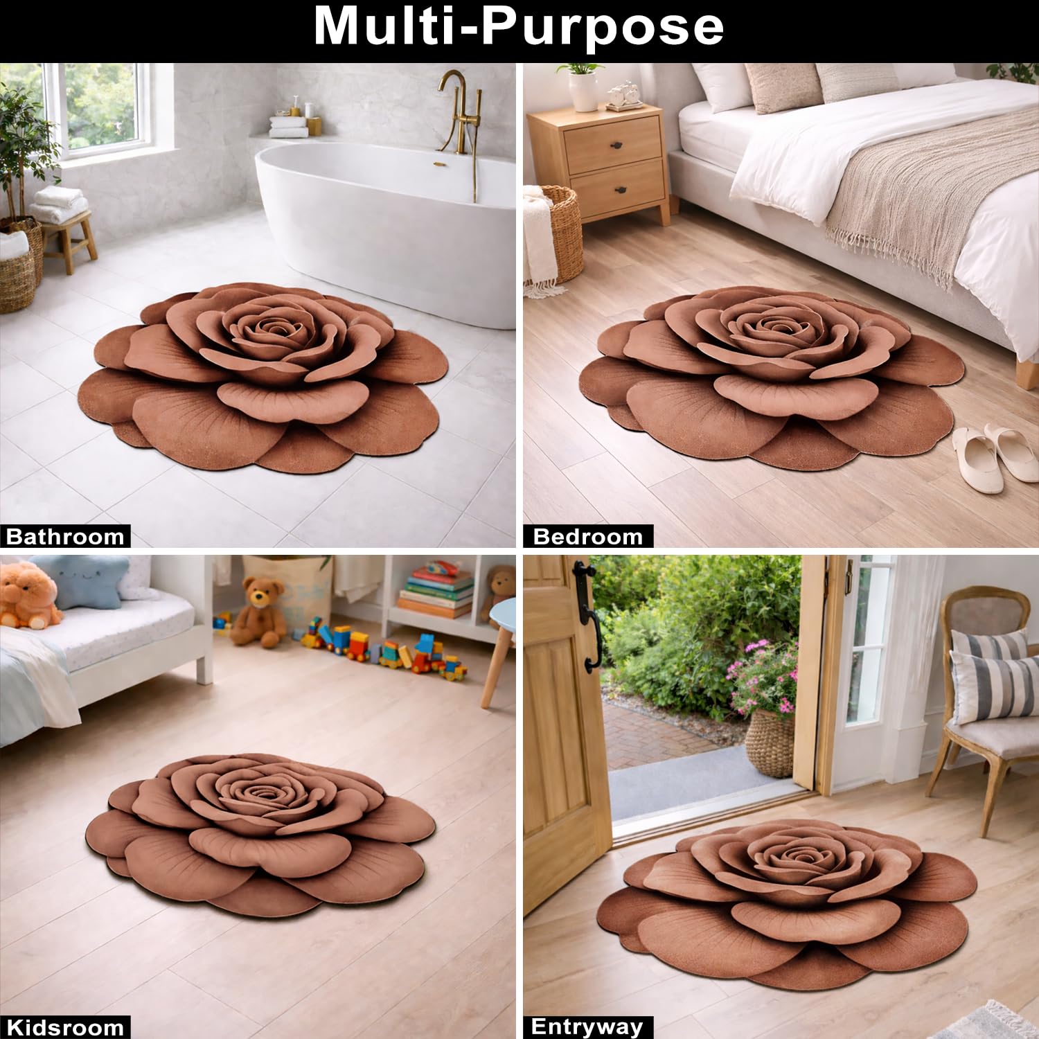 3D Bath Mat Rose Shaped Super Soft (Brown, 67x71 cm)