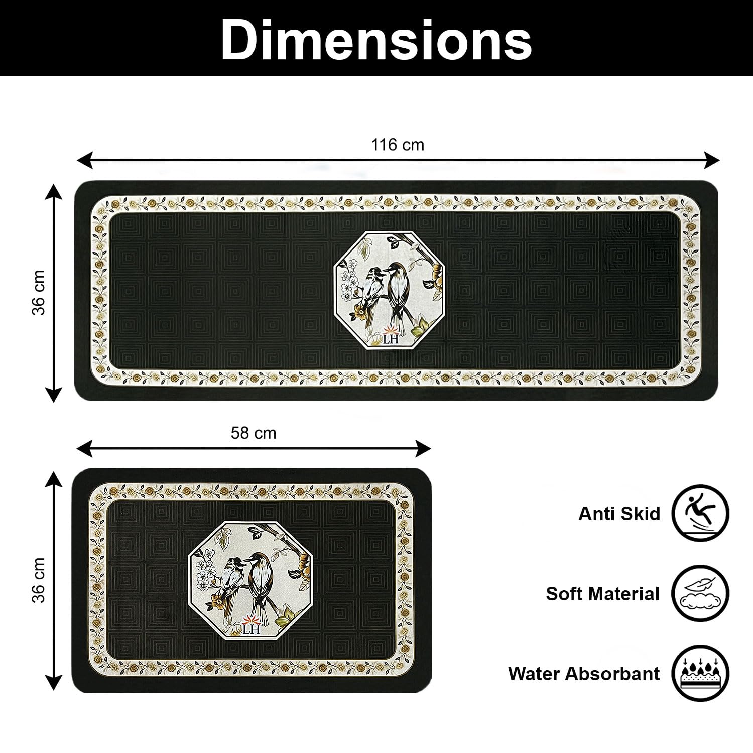 Kitchen Mat Combo Birds Design (116x36 & 58x36 cm White)