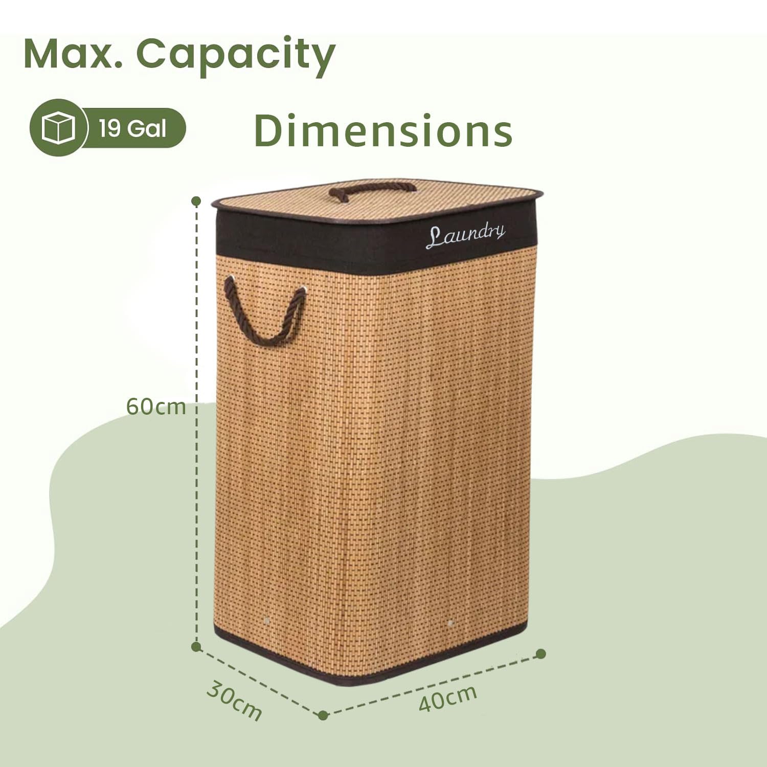 Rectangle Bamboo Laundry Basket with Lid (Natural, 40x30x60 cm)