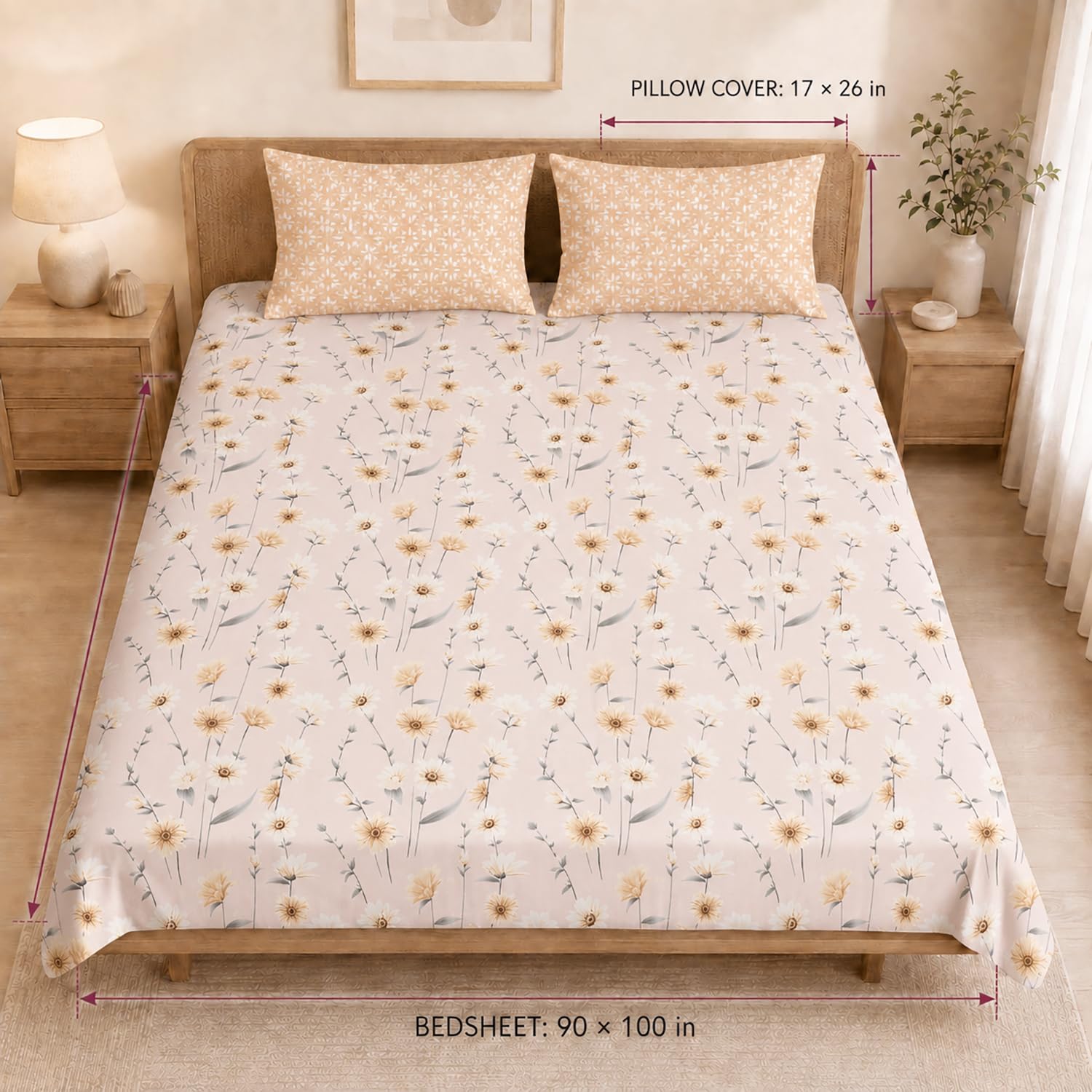 Double Bedsheet with 2 Pillow Covers 220 TC 100% Cotton Feel (King Size Pink 90x100 inch )