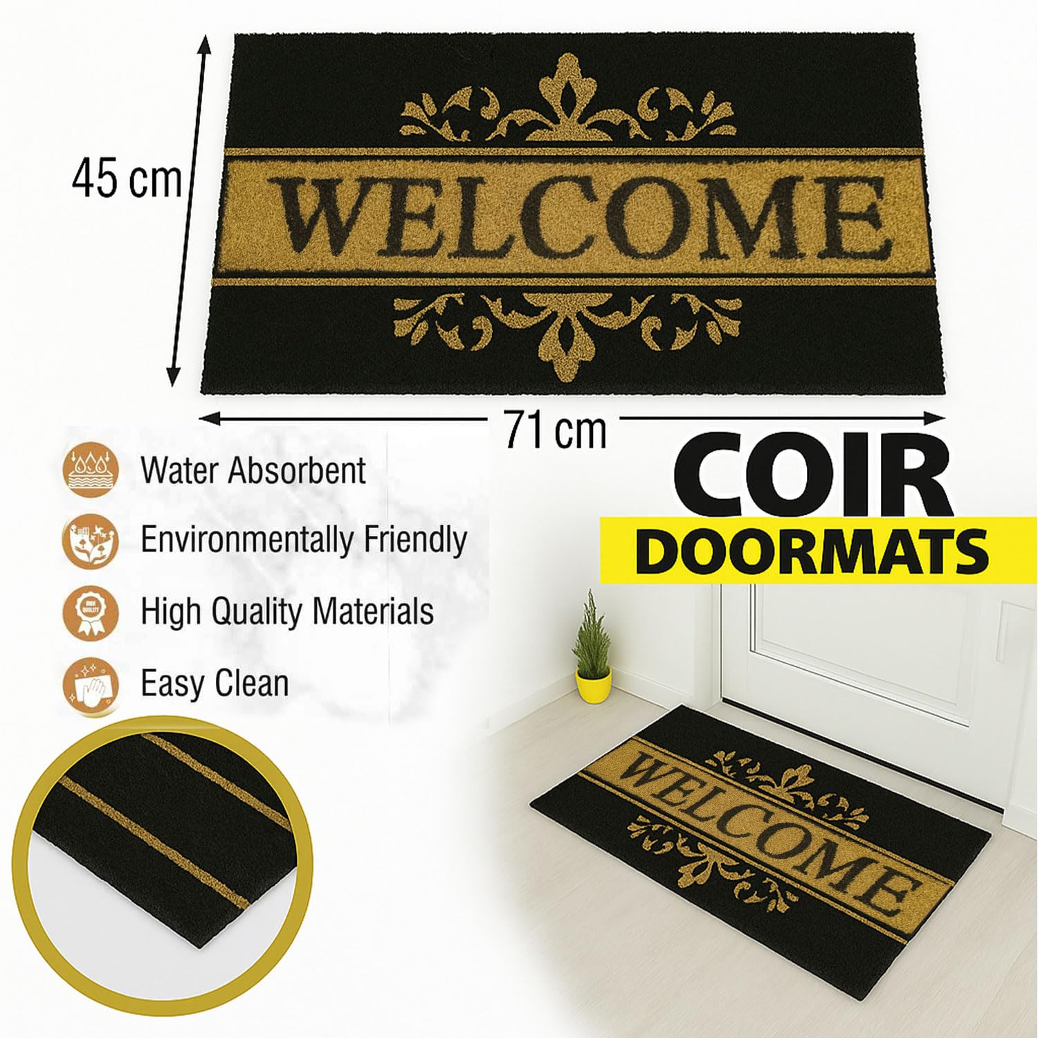 Coir Doormat for Home Entrance (Welcome Print Design ,71x45 cm)