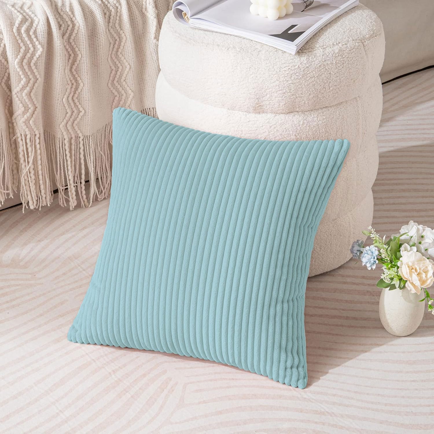 Corduroy Cushion Cover Super Soft (16x16 Inch,Turquish)
