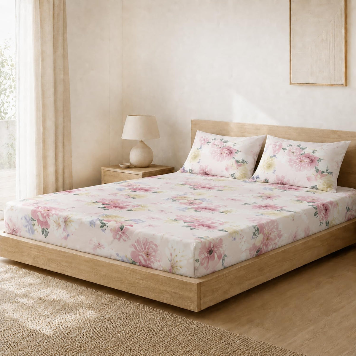 Double Bedsheet with 2 Pillow Covers Premium 240 TC 100% Cotton Feel ( King Size Blush 108x108 inch )