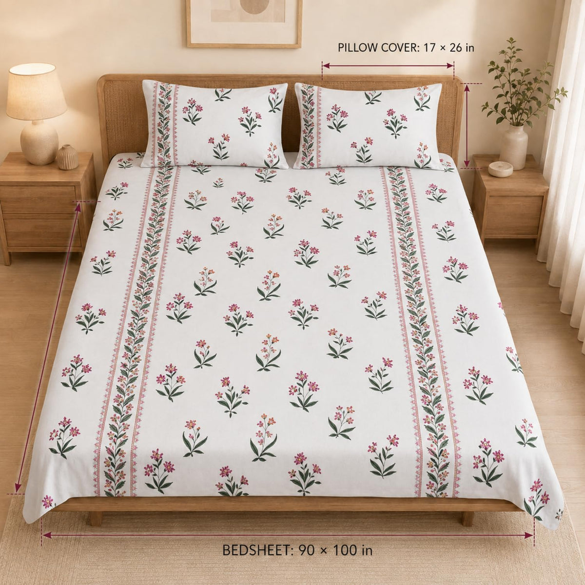 King Size Double Bedsheet with 2 Pillow Covers Premium Petite Blossom Trail Printed 90x100inch