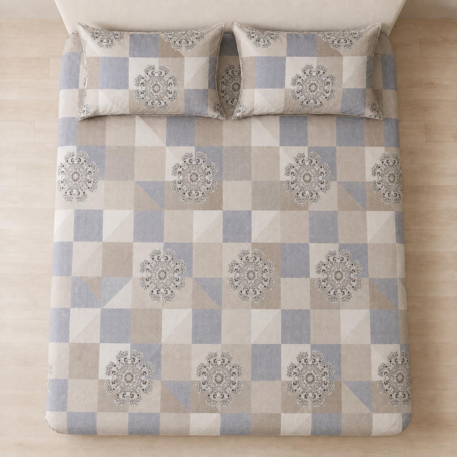 King Size Double Bedsheet with 2 Pillow Covers  Pastel Check Medallion Printed 90x100 inch