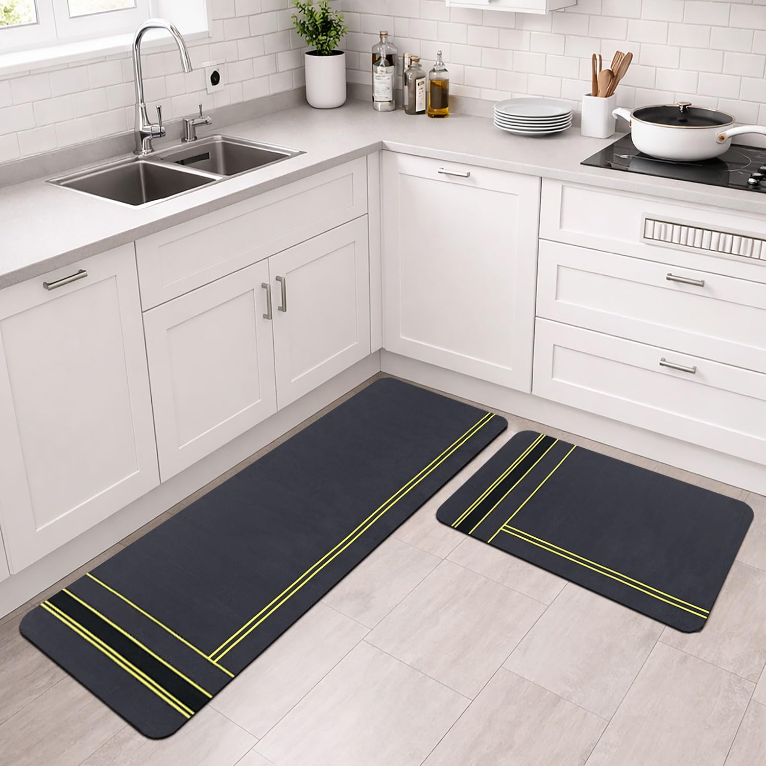 Kitchen Mat Combo Stripe Design (116x36 & 58x36 cm Grey)