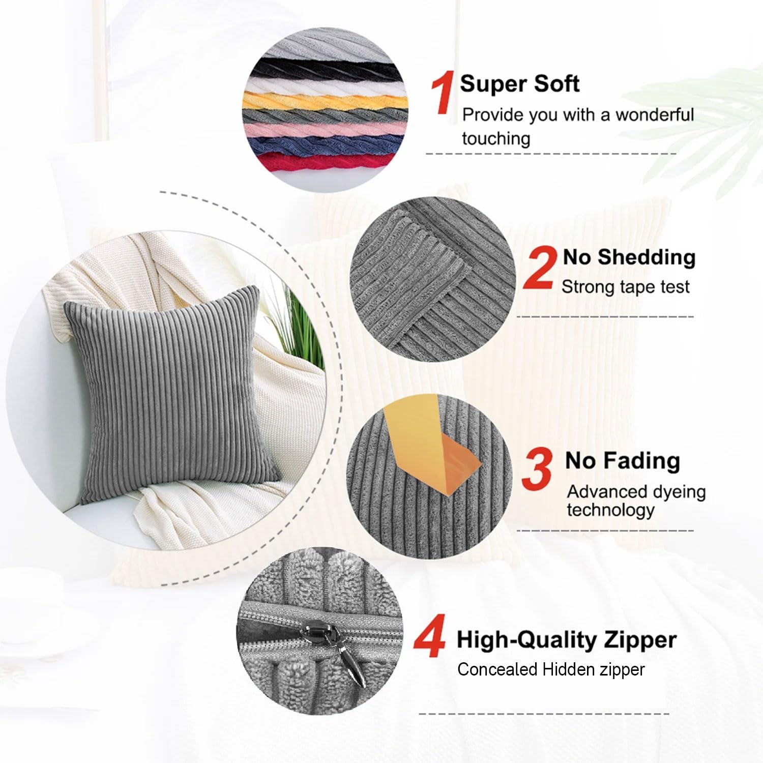Corduroy Cushion Cover Super Soft (16x16 Inch, Grey)