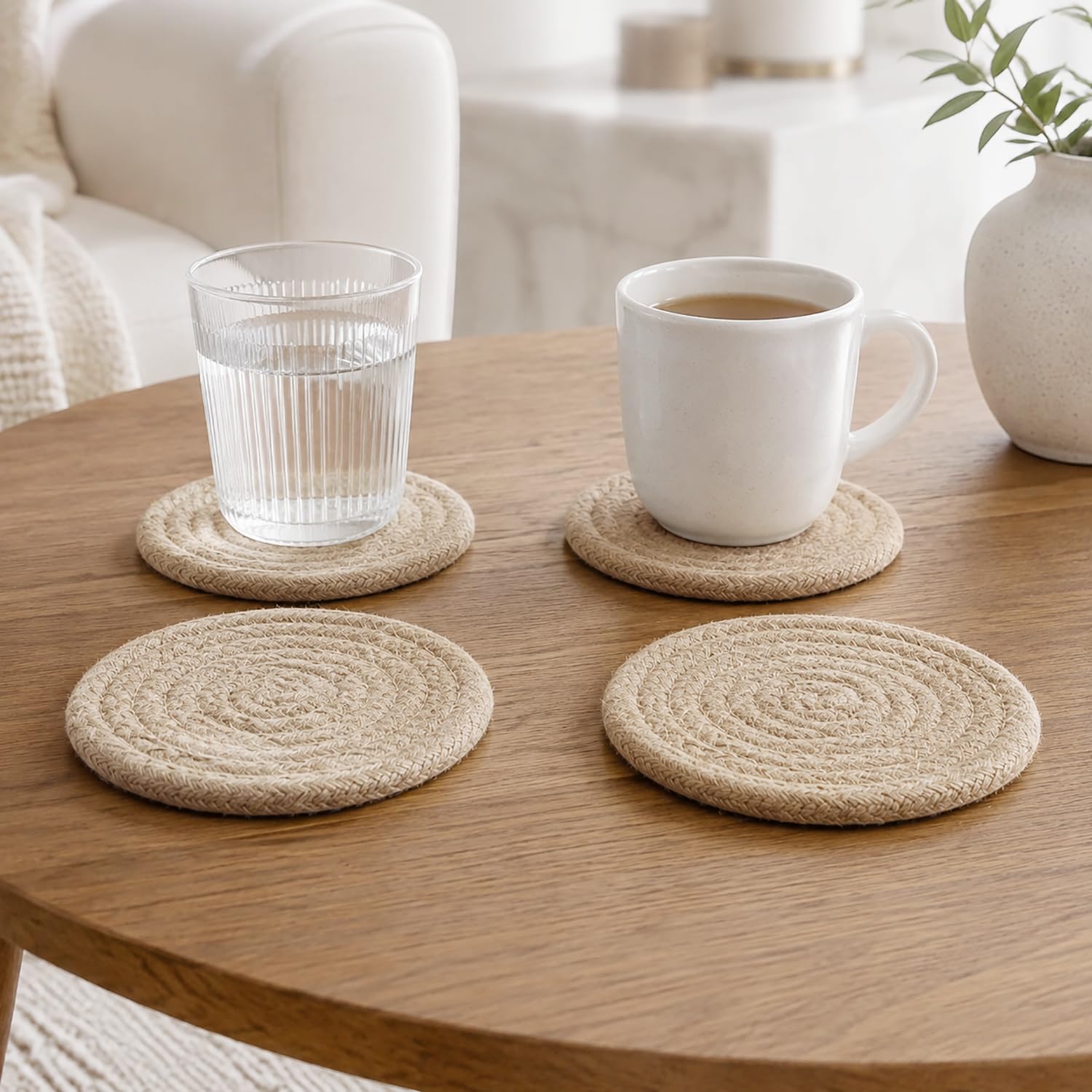 Cotton Braided Coasters Set Of 4 For (10x10cm, Beige)