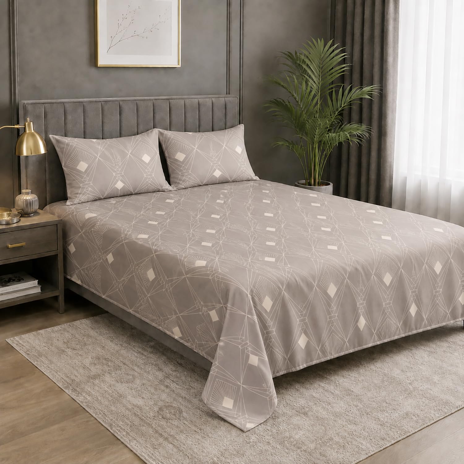 King Size Double Bedsheet with 2 Pillow Covers Premium Abstract Geometric Printed 108x108 inch