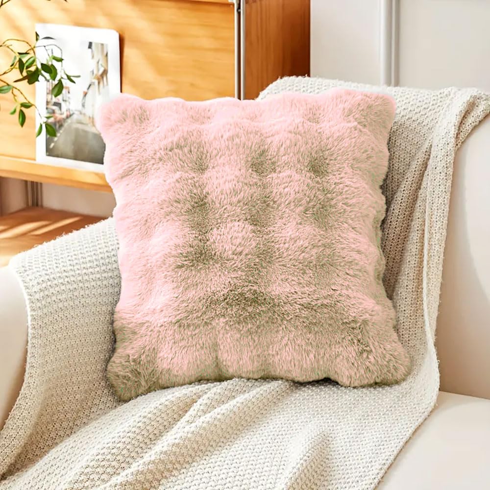 Rabbit Fur Bubble Cushion Cover (16x16 Inch Peach)