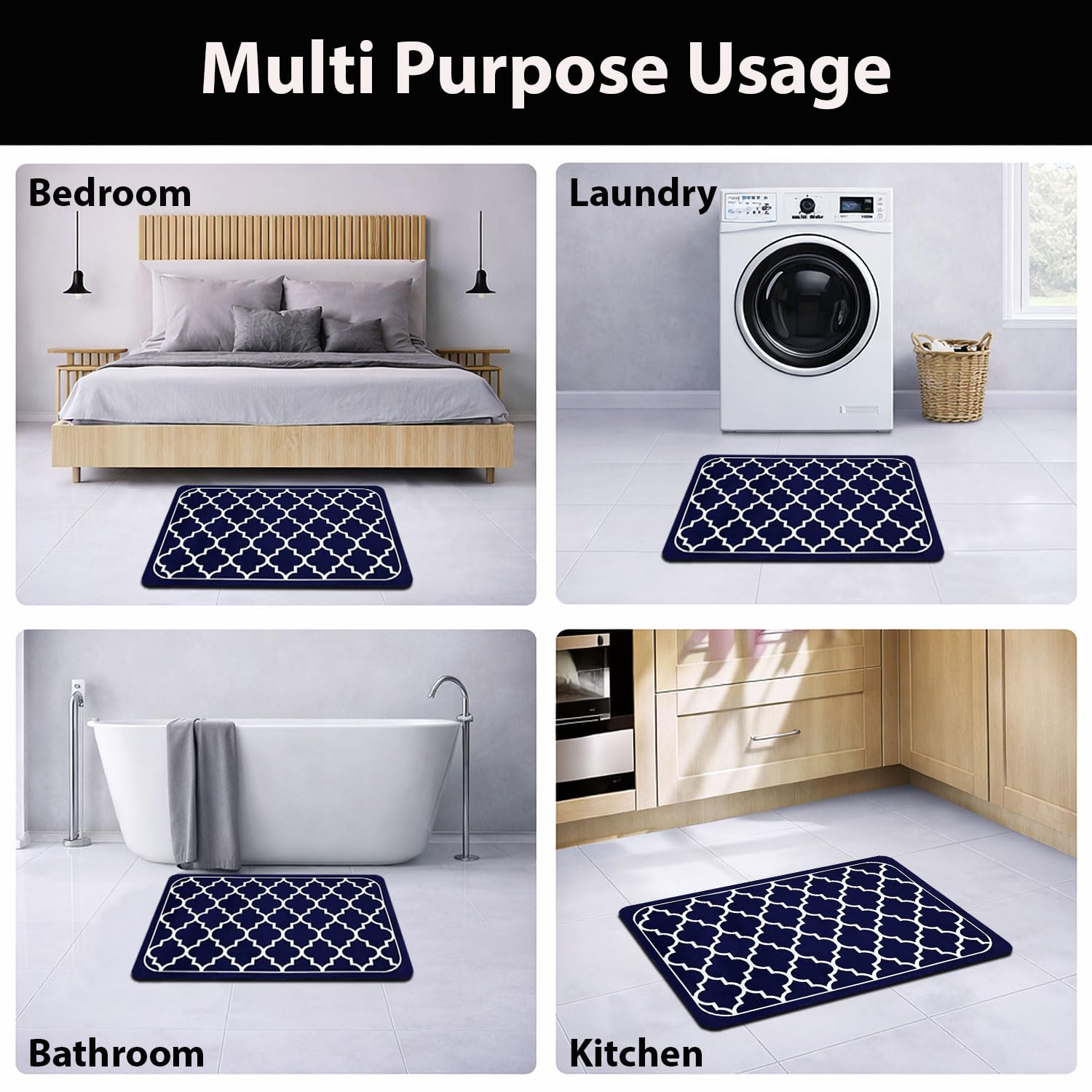 Kitchen Mat Combo Quatrefoil Design (116x36 & 58x36 cm Blue)