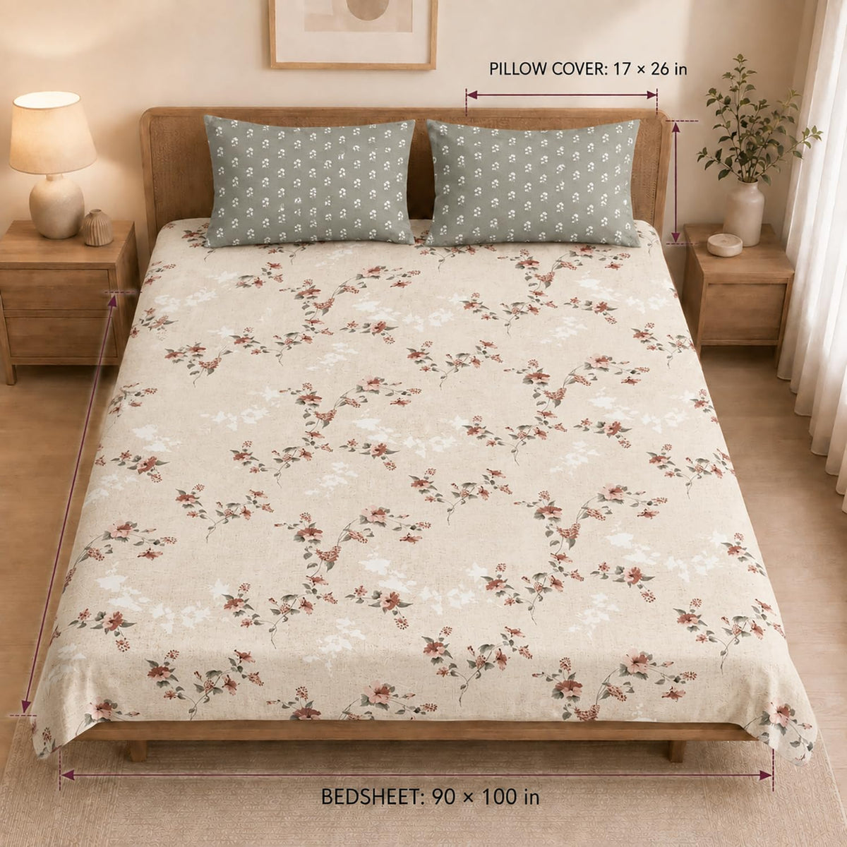 Double Bedsheet with 2 Pillow Covers 220 TC 100% Cotton Feel ( Beige 90x100 inch )