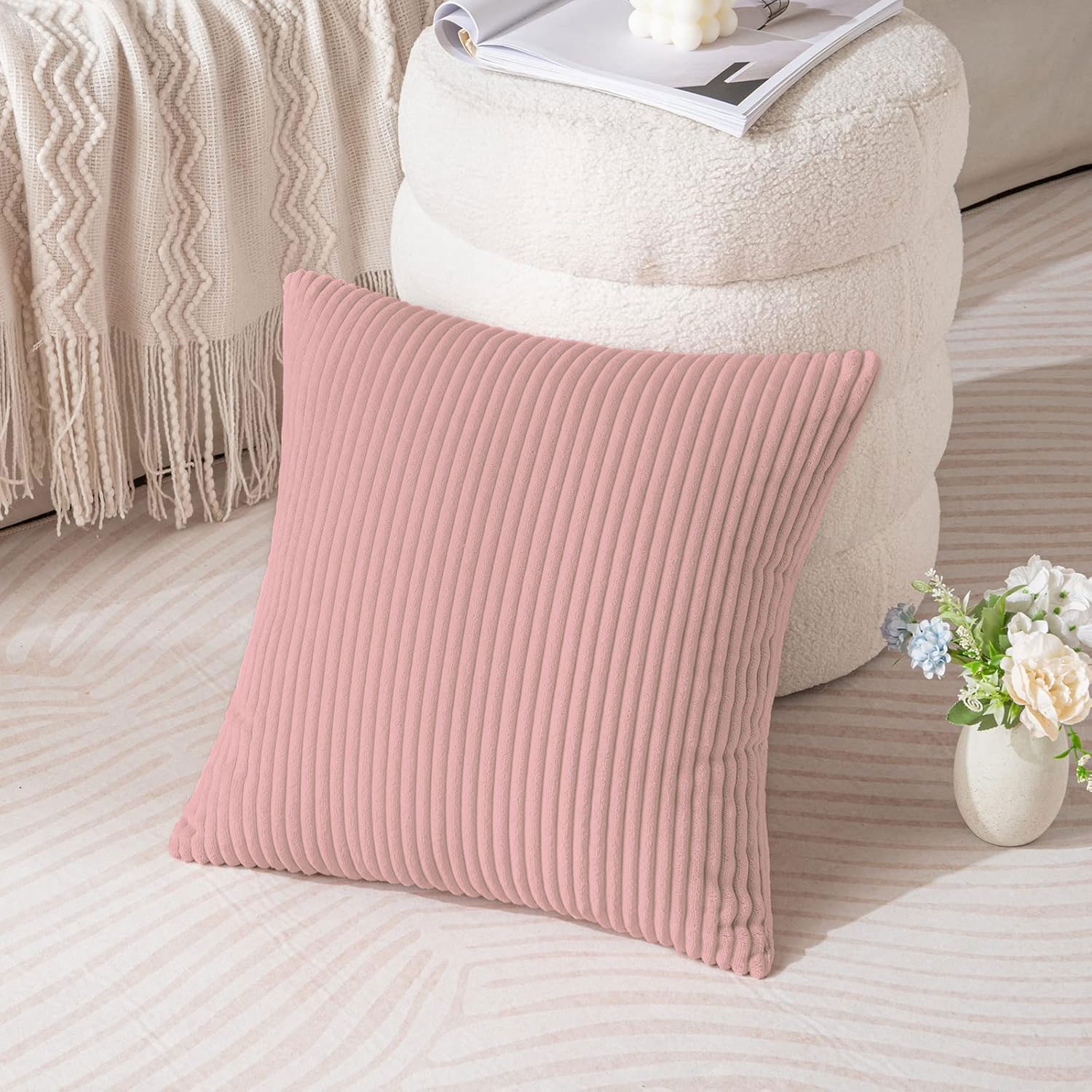 Corduroy Cushion Cover Super Soft (16x16 Inch, Peach)