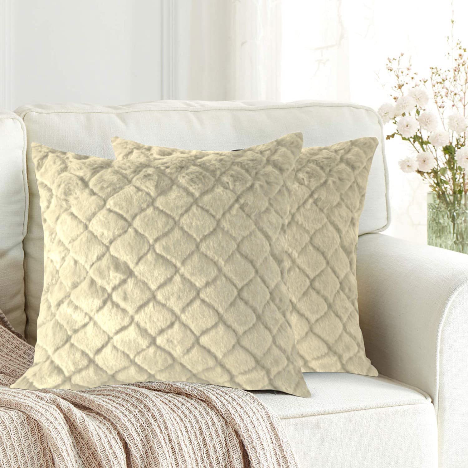 Cushion Cover Double Side Rabbit Fur Pack of 2 (16 x 16 inch ,Gold)