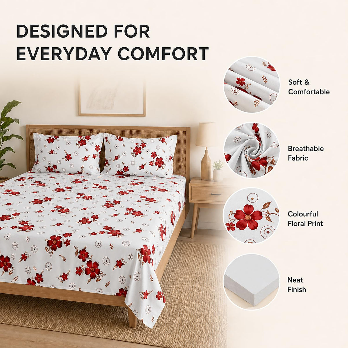 Double Bedsheet With 2 Pillow Covers Circle Pattern 200 TC 100% Cotton Feel ( Queen Size 90x90 Inch Yellow Set Of 3 )