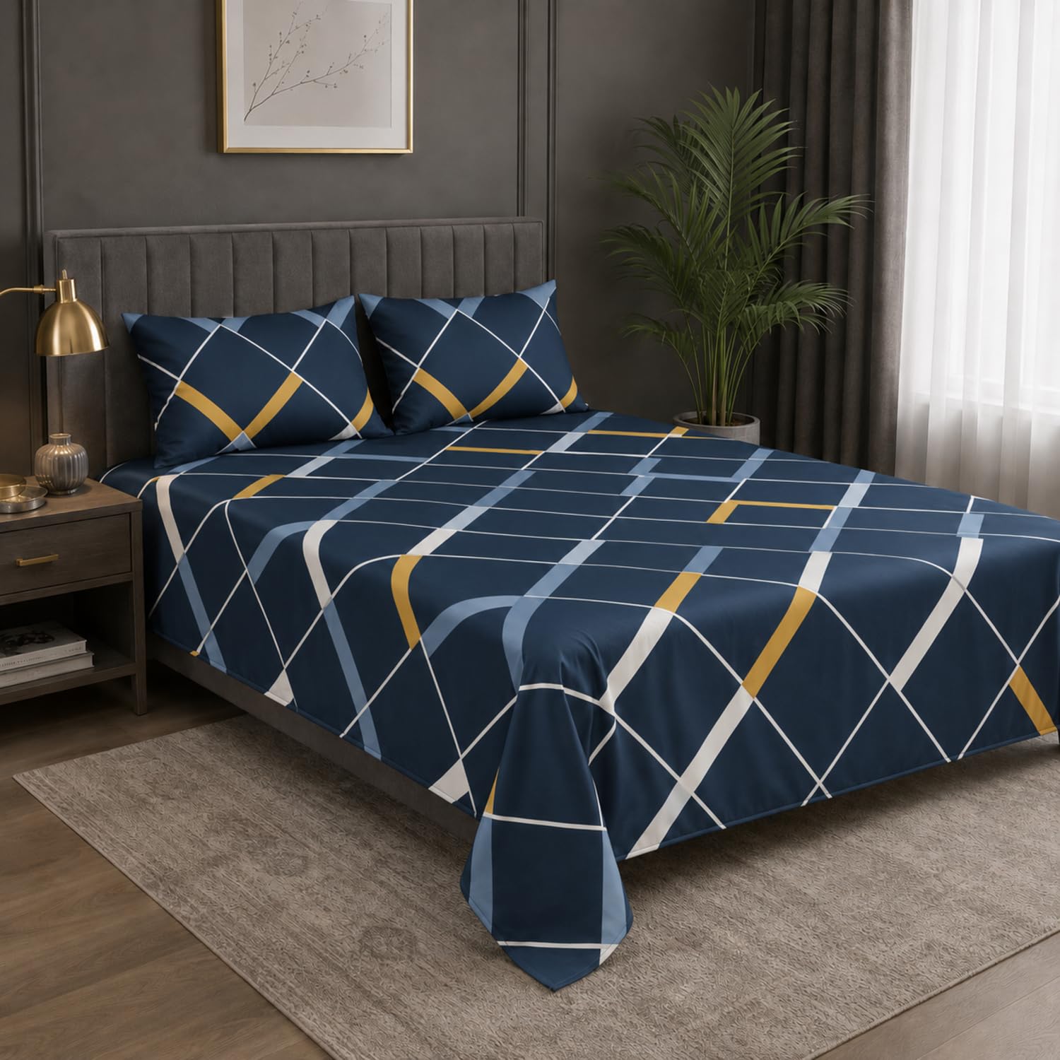 King Size Double Bedsheet with 2 Pillow Covers 220 TC 100% Premium Geo Lines Printed  90x100 inch