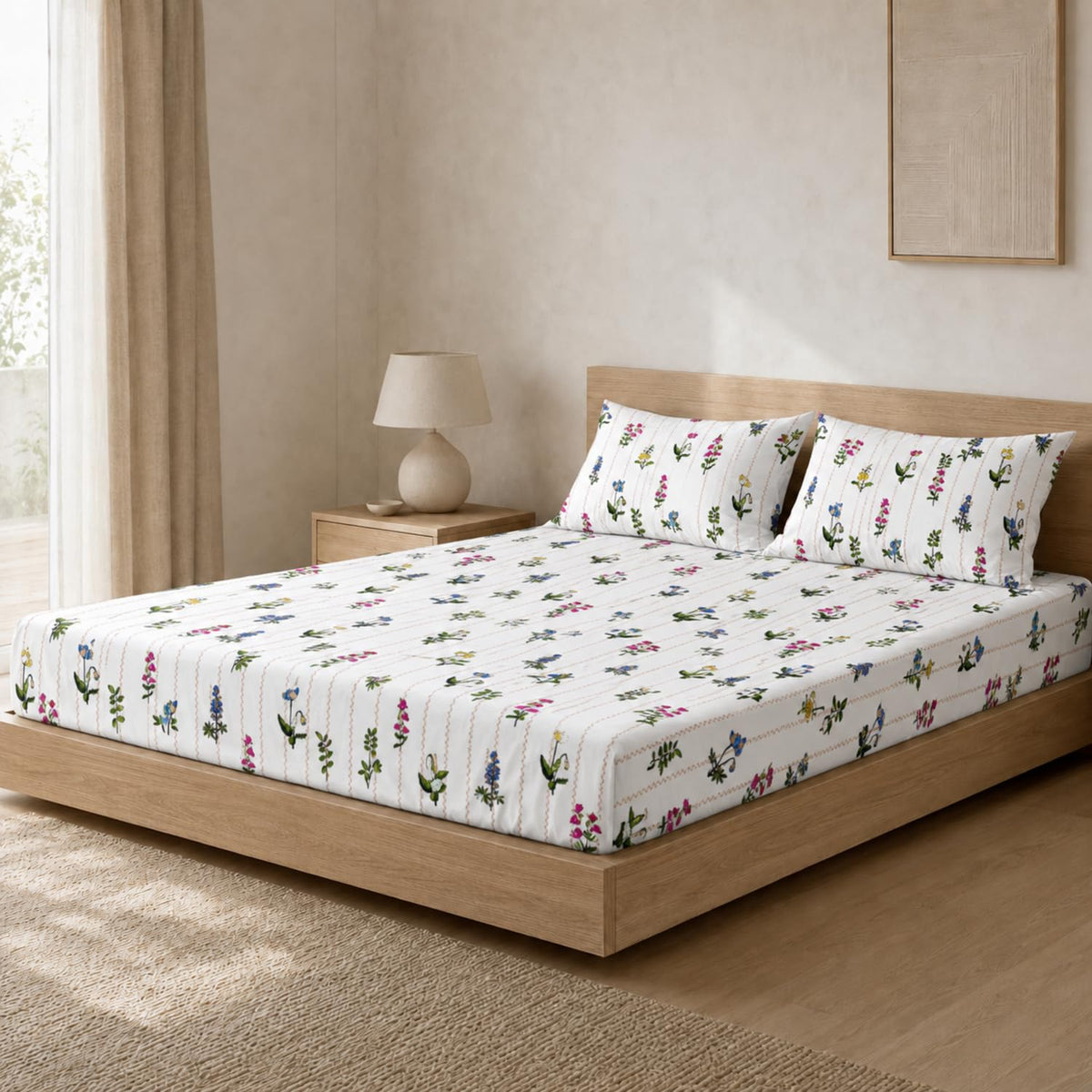 Double Bedsheet with 2 Pillow Covers 220 TC 100% Cotton Feel ( King Size Multi&White 90x100inch )