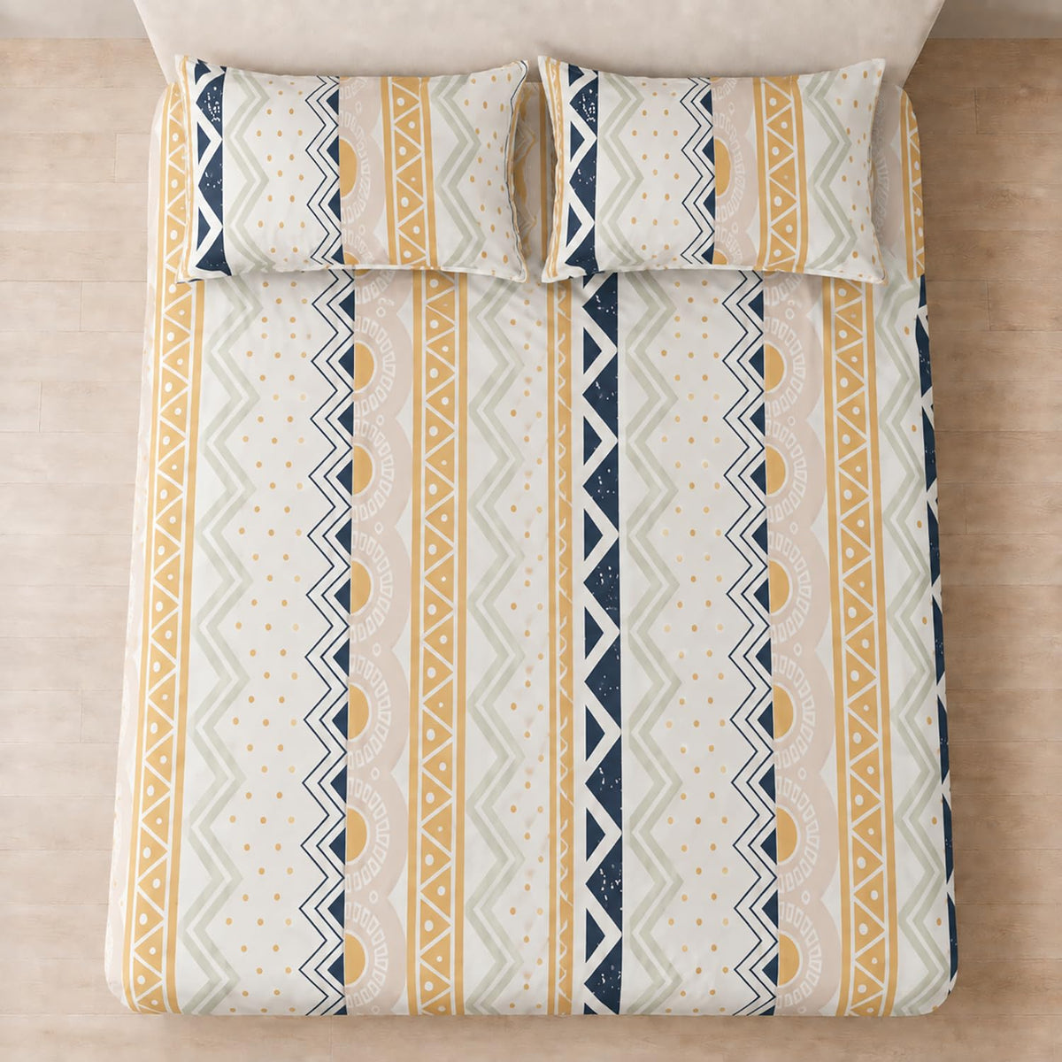 Double Bedsheet with 2 Pillow Covers 220 TC 100% Cotton Feel ( King Size Navy & Mustard 90x100inch )