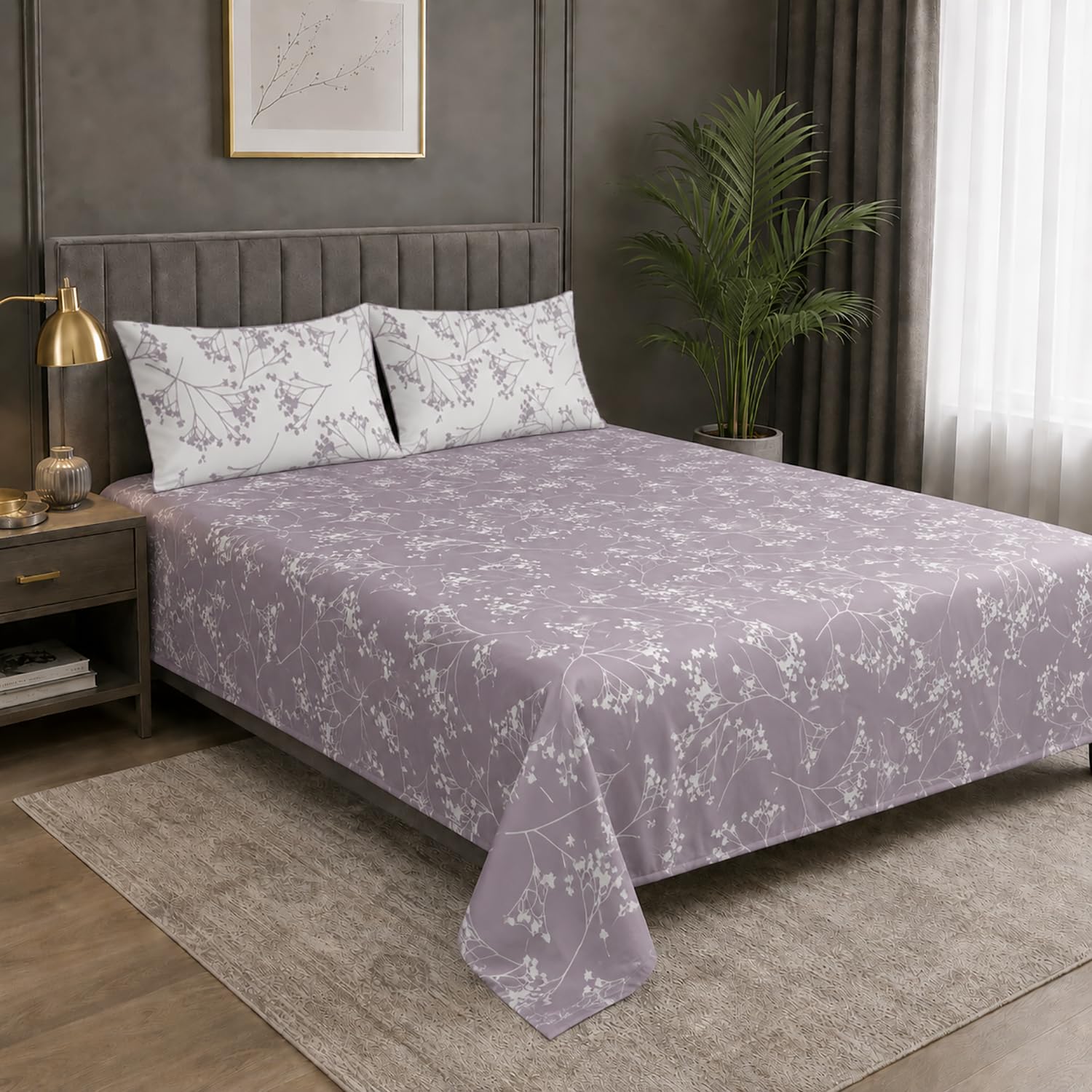 Double Bedsheet with 2 Pillow Covers Premium 240 TC 100% Cotton Feel ( King Size Lavender 108x108inch )