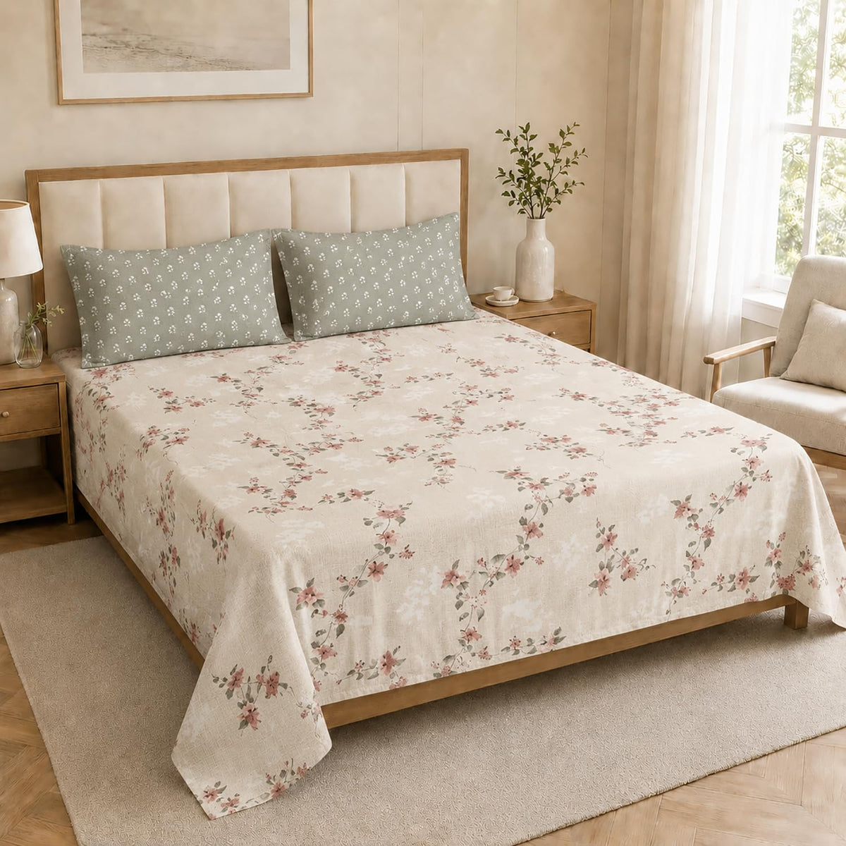 Double Bedsheet with 2 Pillow Covers 220 TC 100% Cotton Feel ( Beige 90x100 inch )