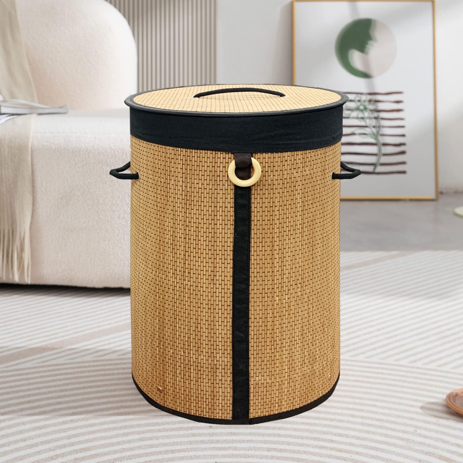 Round Bamboo Laundry Basket with Lid (Natural, 35x35x50 cm)