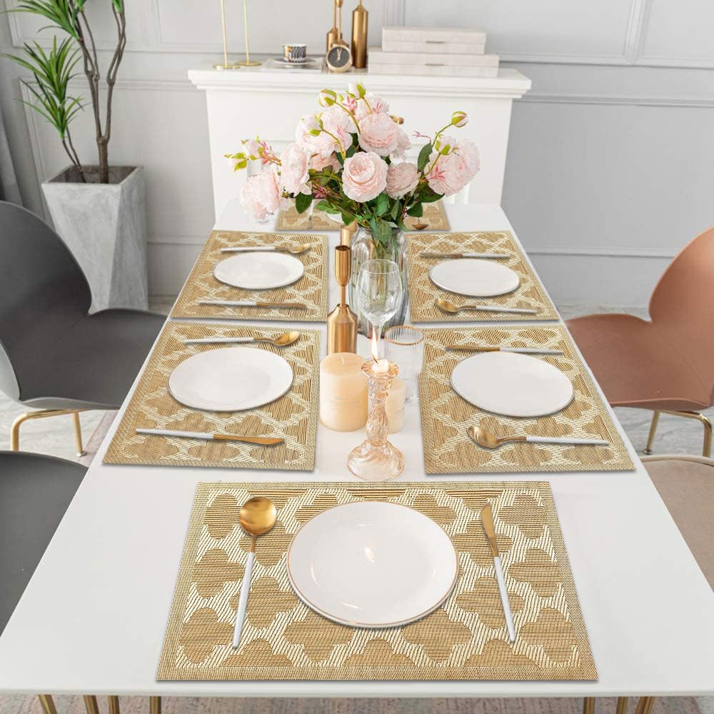 Luxe Home International PVC Vinyl Curves Design Placemat ST10000TH – Heat Resistant, Wipe Clean, Anti-Skid Table Mats for Dining Table, Kitchen & Home Decor (30x45 CM Gold Set of 6)