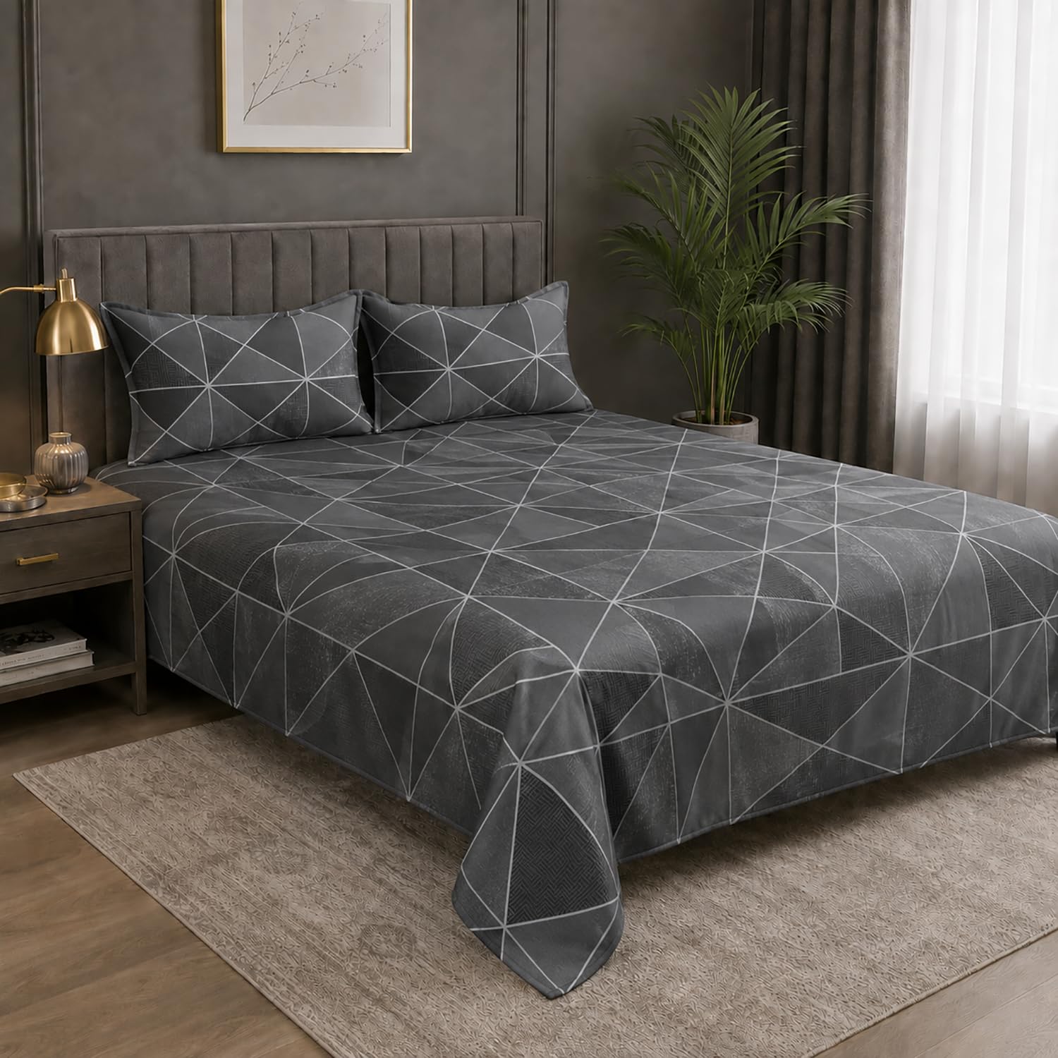 Double Bedsheet with 2 Pillow Covers Premium 240 TC 100% Cotton Feel ( King Size Grey Color 108x108 inch )