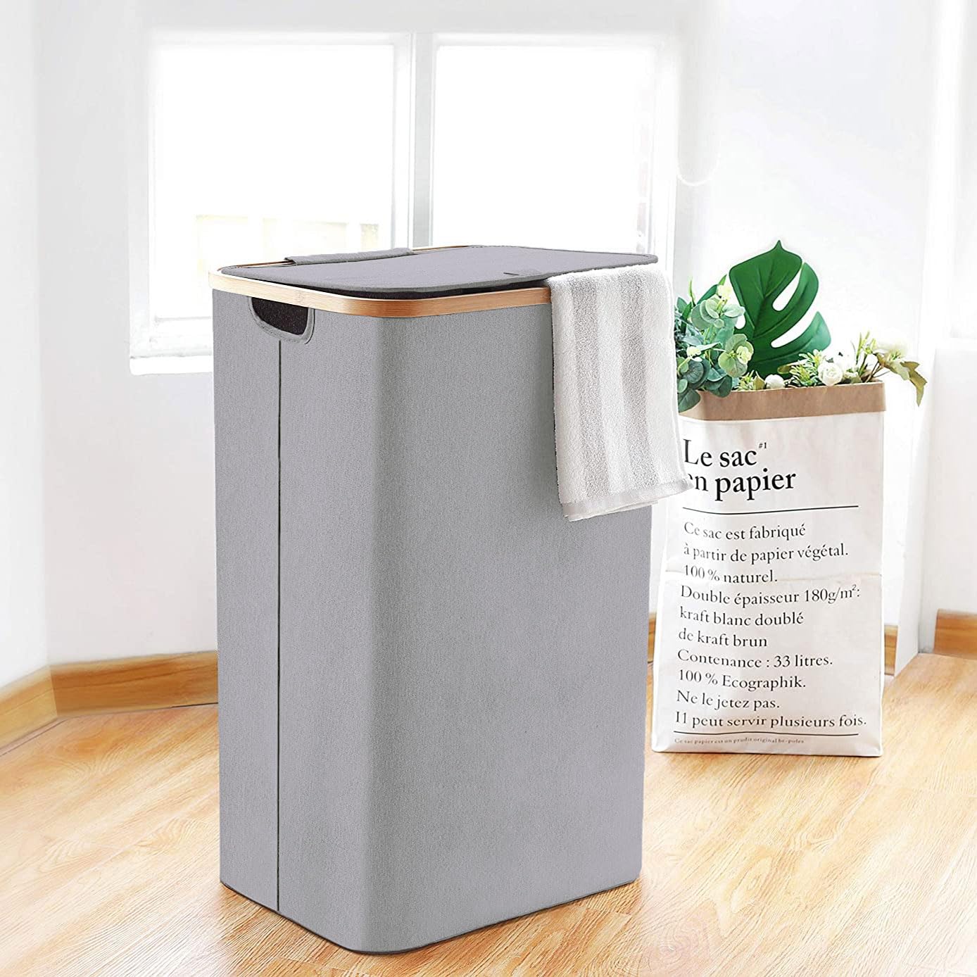 Tall Laundry Hamper with Bamboo Frame  (40L x 30W x 60H cm ,Grey)