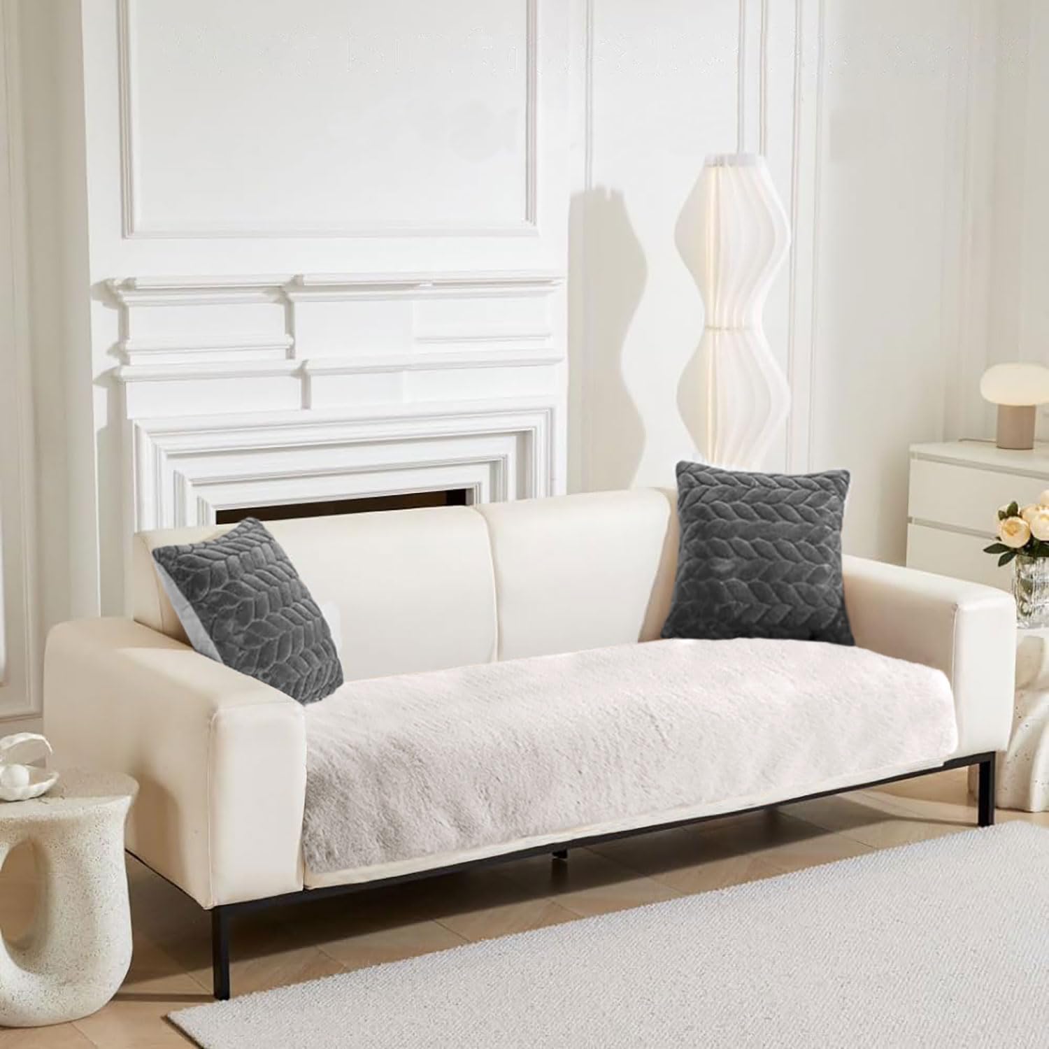Rabbit Fur Sofa Cover 3 Seater and 2 Seater Universal 5 Seater (White, 68x183-61x66 cm)