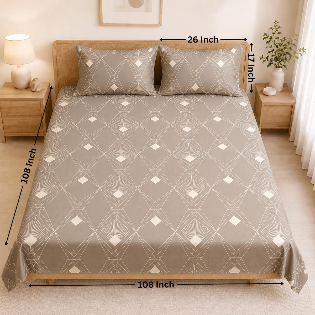 King Size Double Bedsheet with 2 Pillow Covers Premium Abstract Geometric Printed 108x108 inch