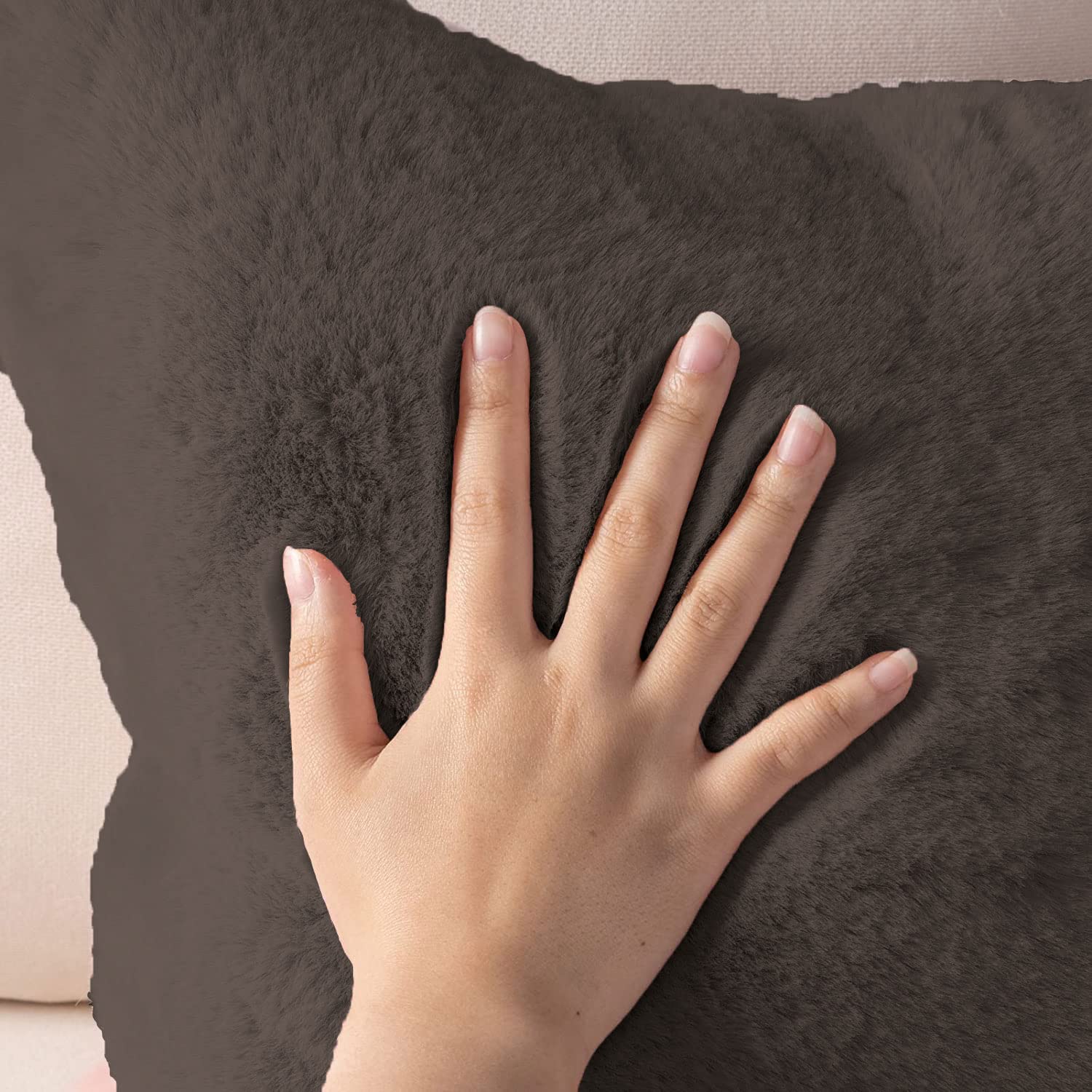 Cushion Cover One Side Rabbit Fur Pack of 2 (16 x 16 inch,Cocoa)