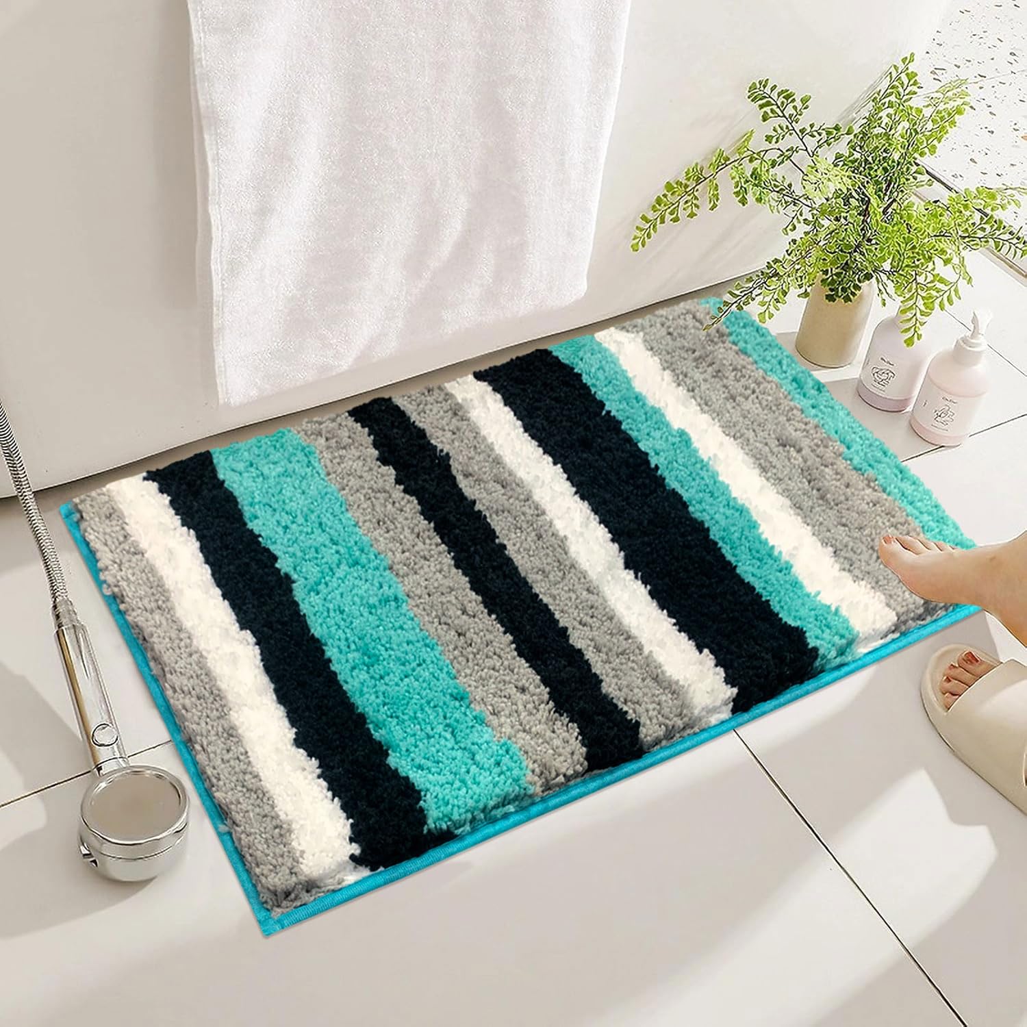 Striped Italia Bath Mat Super Sof(Aqua, 40x60 cm)