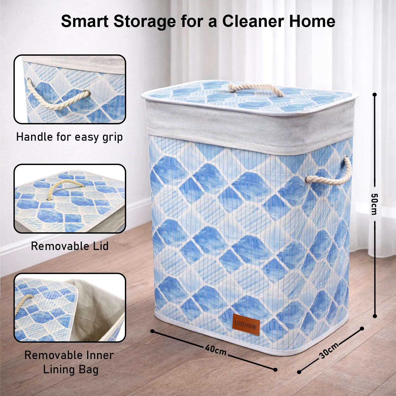 Rectangle Bamboo Laundry Basket for Clothes (Blue, 40x30x50 cm)