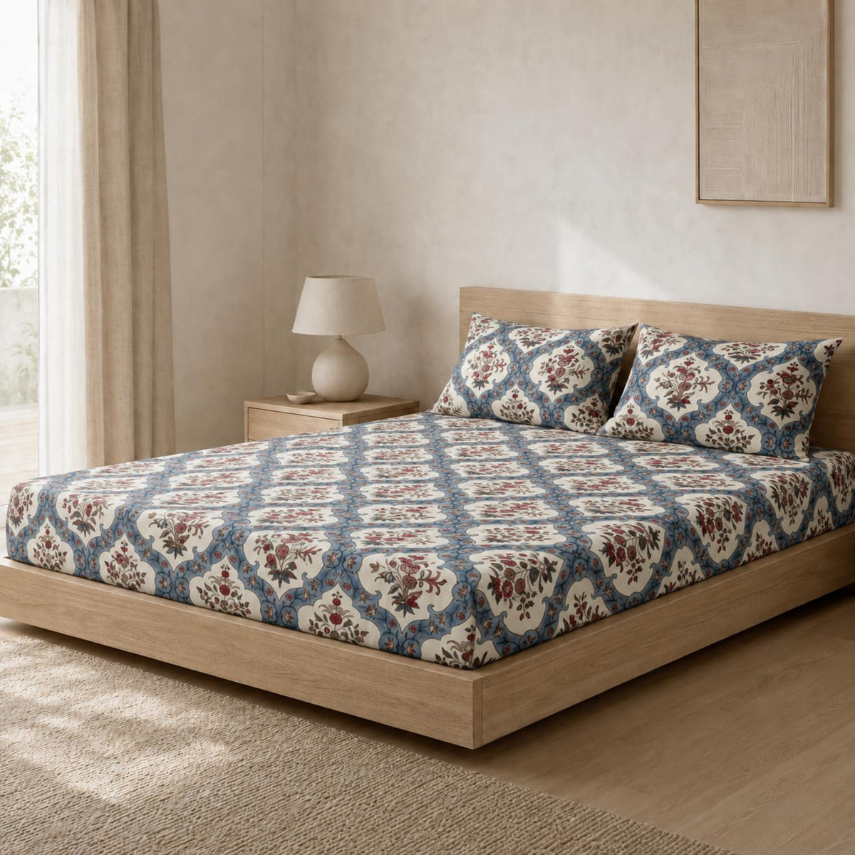 King Size Double Bedsheet with 2 Pillow Covers Premium Mughal Medallion Printed 90x100 inch