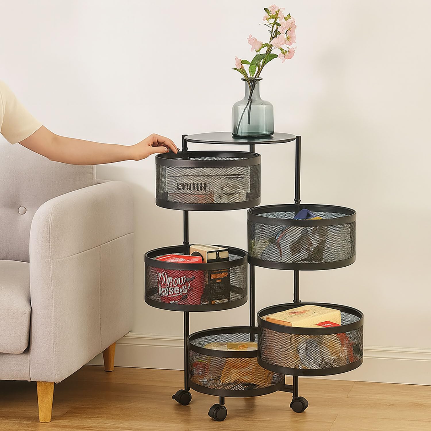 5-Tier Revolving Kitchen Trolley with Wheels (Black 32x32x90)