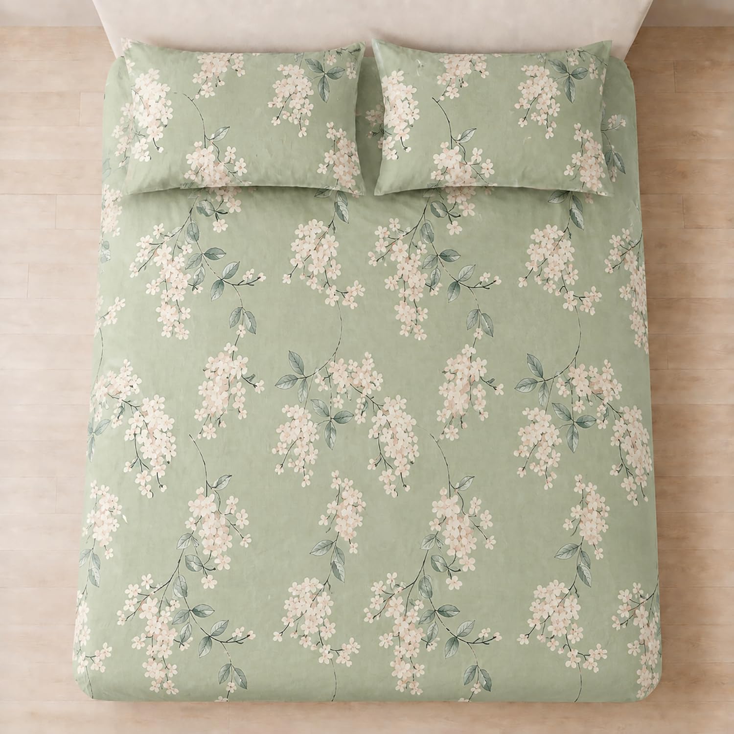 Double Bedsheet with 2 Pillow Covers 220 TC 100% Cotton Feel ( King Size Green & White 90x100inch )