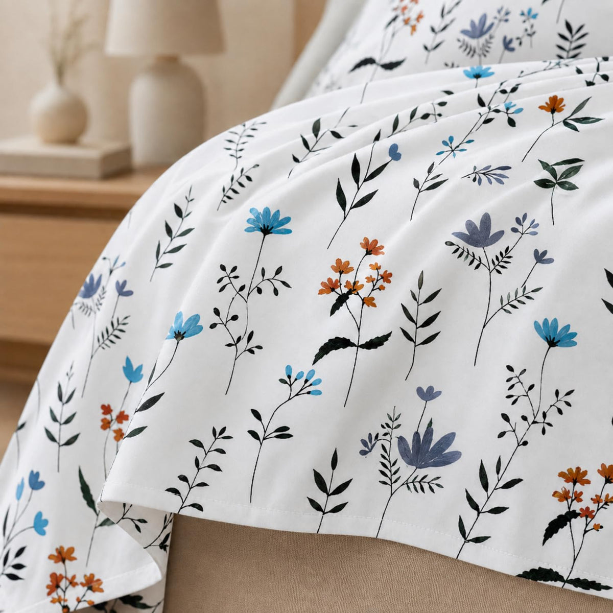 Double Bedsheet with 2 Pillow Covers 220 TC 100% Cotton Feel ( King Size Blue&White 90x100inch )