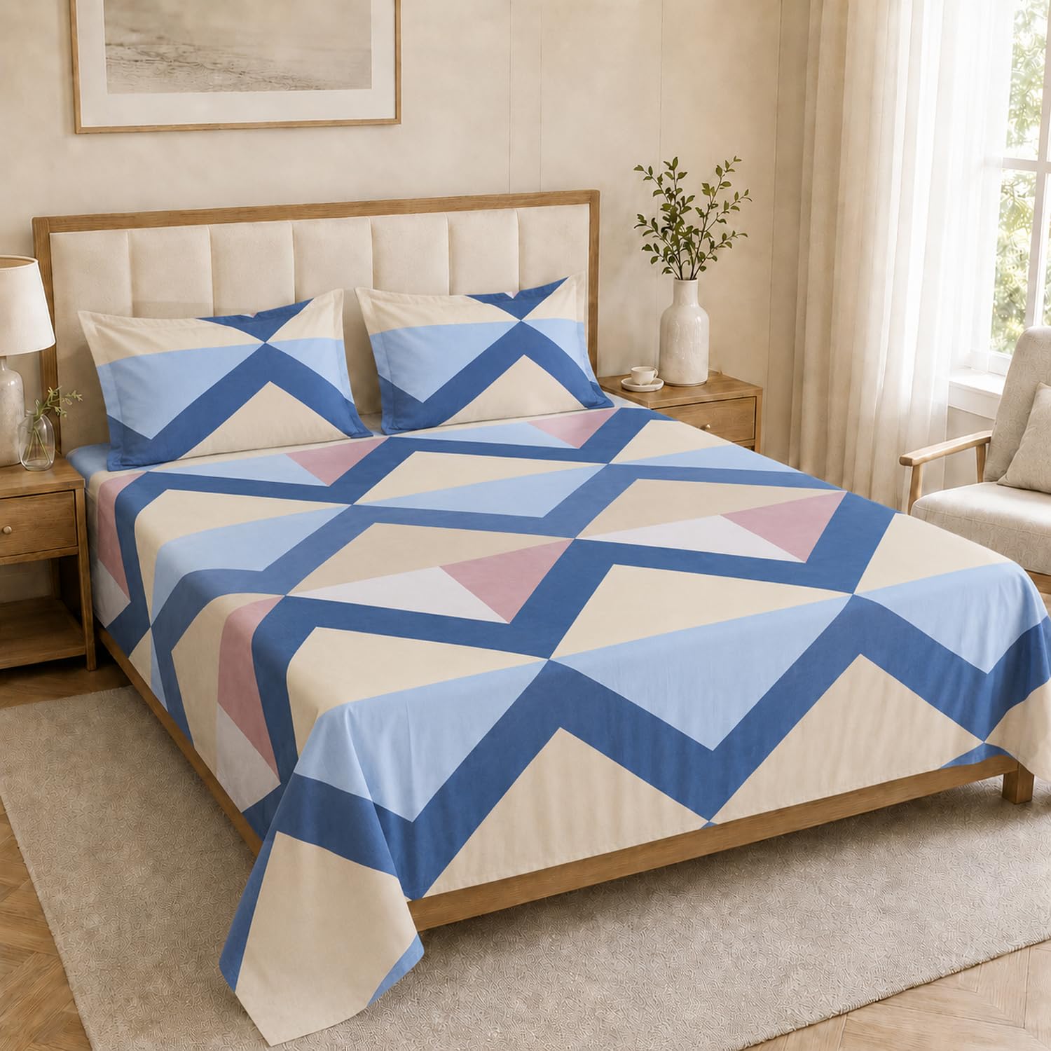 Double Bedsheet with 2 Pillow Covers 220 TC 100% Cotton Feel ( King Size Blue & Beige 90x100 inch )