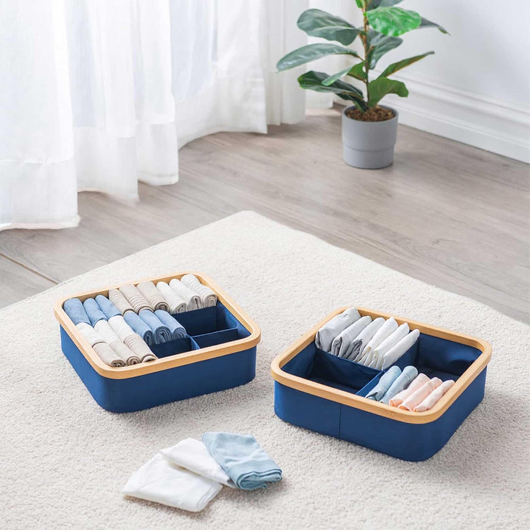 Bamboo Frame Clothes Drawer Organisers with 9 Sections (30x30 cm, Navy Blue)