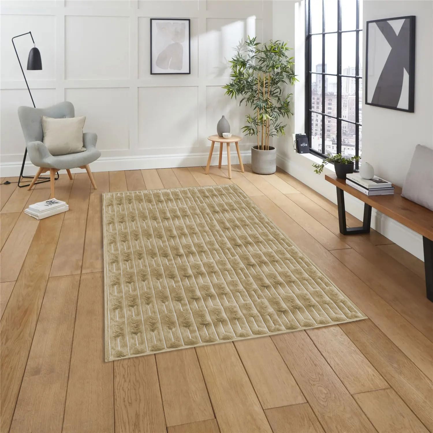 Rabbit Tail Fur Carpet (3x5 Feet, Beige)
