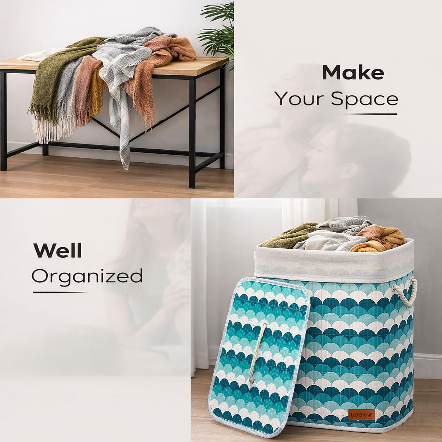 Rectangle Bamboo Laundry Basket (Blue, 40x30x50 cm)