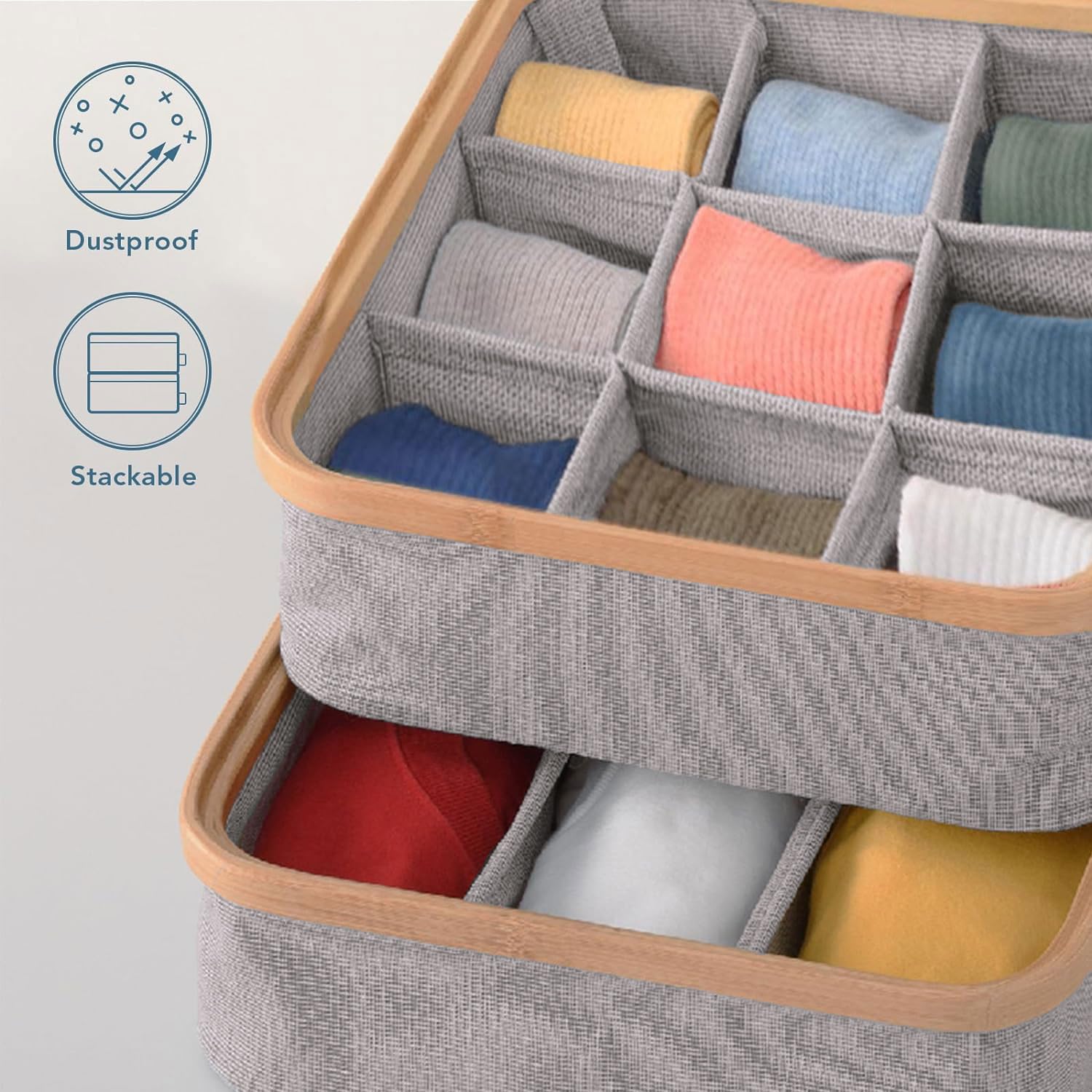 Bamboo Frame Fabric Drawer Organisers for Clothes (30x30 cm, Grey)